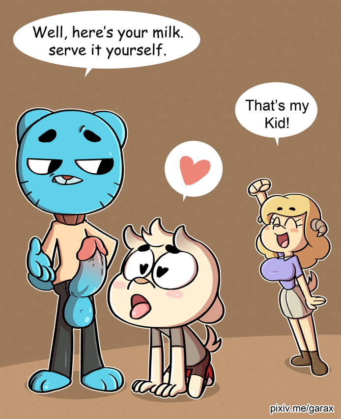 balls big_breasts blonde_hair blue_fur breasts caprine cartoon_network chi_chi child chun-ni clothed clothing cub english_text feline fur garabatoz goat gumball_watterson hair male male/male mammal mother parent penis skirt son text the_amazing_world_of_gumball tongue young