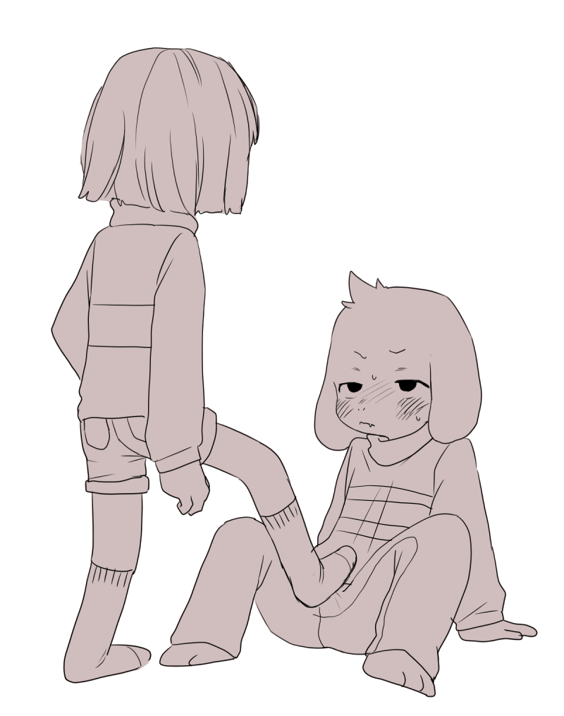 anthro asriel_dreemurr caprine chara_(undertale) child clothed clothing cub duo female foot_domination fur goat human human_on_anthro interspecies male male/female mammal semi sitting spreading standing undertale video_games white_fur young