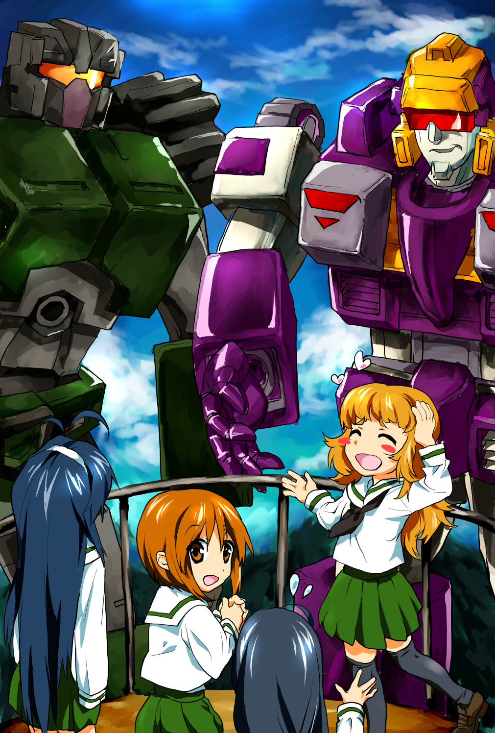 4girls bangs black_hair black_legwear black_neckwear blitzwing blouse brawl brown_footwear commentary_request crossover decepticon eyebrows_visible_through_hair girls_und_panzer green_skirt hairband highres isuzu_hana long_hair long_sleeves makutye mecha miniskirt multiple_boys multiple_girls neckerchief nishizumi_miho ooarai_school_uniform orange_eyes orange_hair own_hands_together reizei_mako robot school_uniform serafuku shoes size_difference skirt smile takebe_saori thighhighs transformers translation_request visor white_hairband zettai_ryouiki