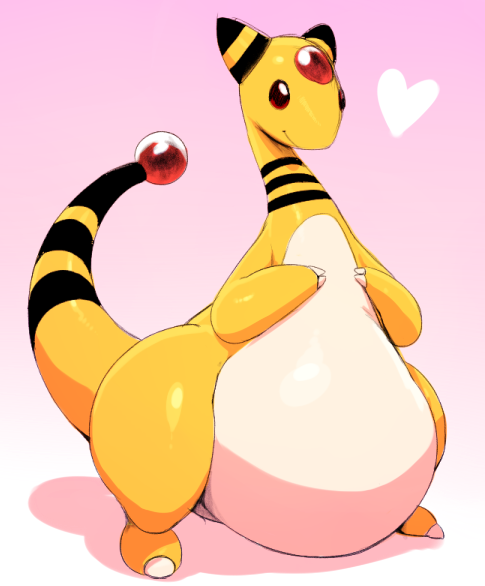 &lt;3 ambiguous_gender ampharos black_stripes claws cute gem nintendo overweight pink_background pok&eacute;mon red_eyes simple_background smile solo stripes sunibee video_games