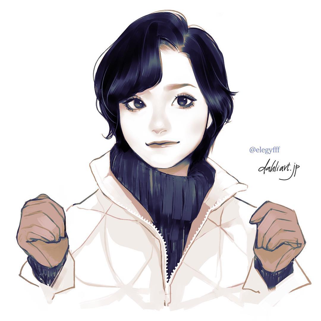 1girl artist_name black_hair black_sweater blue_eyes closed_mouth coat commentary english_commentary gloves layered_clothing looking_at_viewer original partially_unzipped short_hair simple_background solo sweater takenaka turtleneck turtleneck_sweater upper_body watermark web_address white_background white_coat