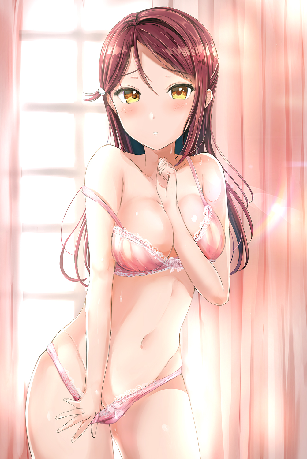 1girl arm_between_breasts blush bra breasts cleavage clenched_hand collarbone commentary_request cowboy_shot curtains groin hair_ornament hairclip half_updo hand_up highres indoors lace lace-trimmed_bra lace-trimmed_panties lingerie long_hair looking_at_viewer love_live! love_live!_sunshine!! medium_breasts morerin navel panties panty_pull parted_lips pink_bra pink_panties red_hair sakurauchi_riko solo stomach strap_slip underwear underwear_only window yellow_eyes