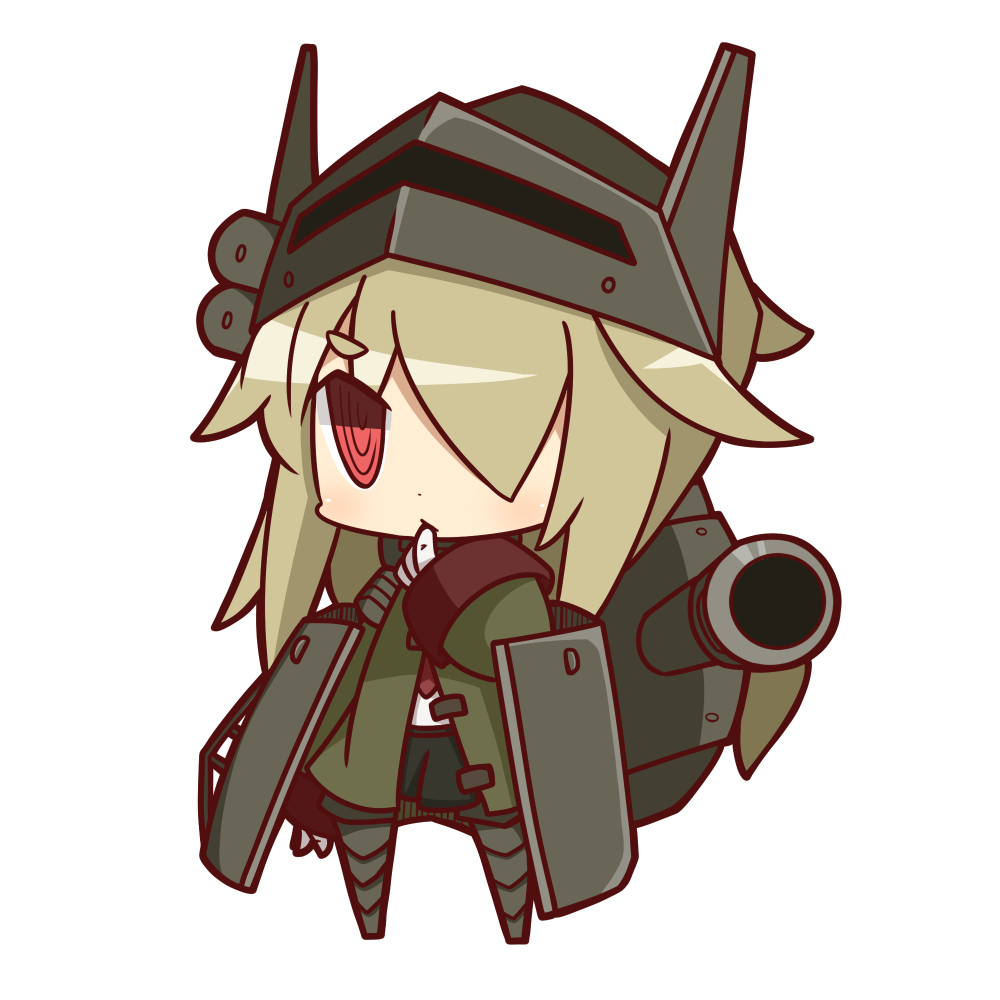 blonde_hair cannon chibi coat finger_to_mouth hair_over_one_eye helmet long_hair nuu_(nu-nyu) personification red_eyes simple_background solo t26e4_superpershing white_background world_of_tanks