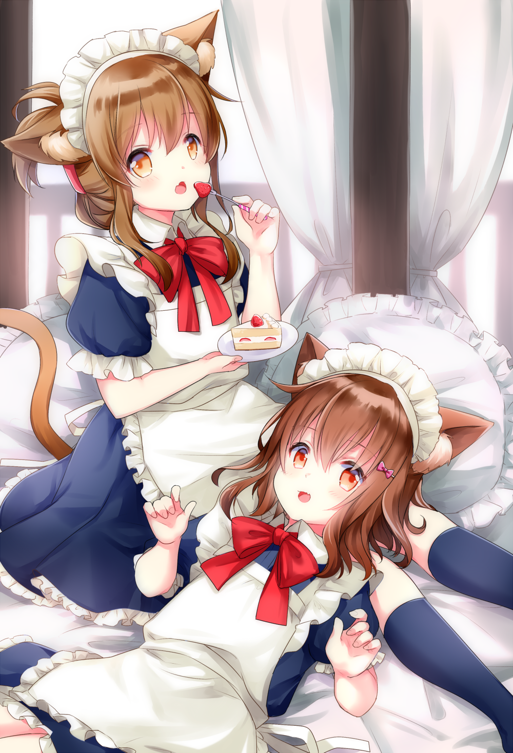 2girls animal_ears apron black_legwear blush bow bowtie brown_eyes brown_hair cake cat_ears cat_tail eyebrows_visible_through_hair folded_ponytail food hair_between_eyes hair_ornament hairclip highres ikazuchi_(kantai_collection) inazuma_(kantai_collection) kantai_collection long_hair looking_at_viewer lying lying_on_person maid maid_apron maid_headdress motohara_moka multiple_girls open_mouth pillow red_bow red_neckwear short_hair sitting smile socks tail window
