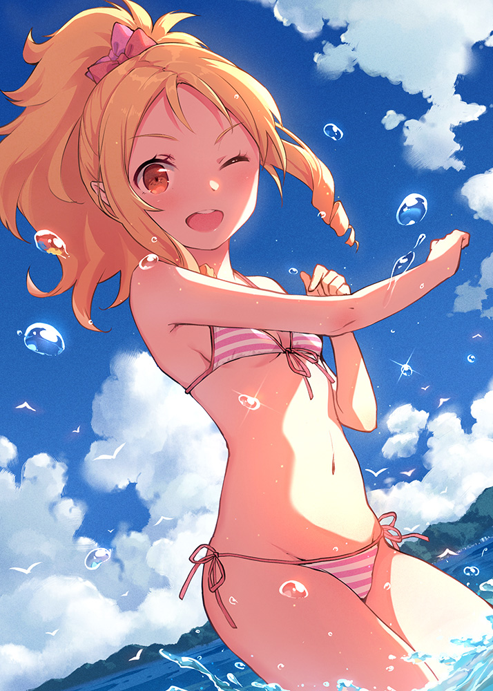 ;d bikini bird blonde_hair breasts bubble cloud day eromanga_sensei front-tie_bikini front-tie_top kamon_(shinshin) long_hair navel one_eye_closed open_mouth outdoors pointy_ears ponytail red_eyes side-tie_bikini small_breasts smile solo splashing striped striped_bikini summer swimsuit wading water yamada_elf