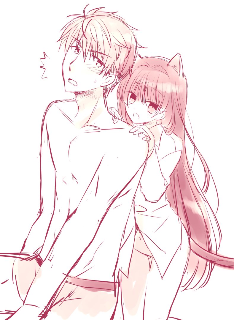 1boy 1girl animal_ears blush briefs cat_ears cat_tail hands_on_another's_shoulders izumi_makoto long_hair male_underwear naked_shirt open_mouth original shirt sketch tail underwear very_long_hair