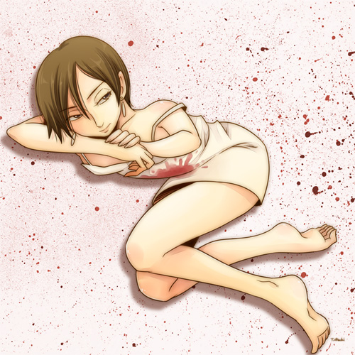 1girl blood breasts dress female kaede_smith killer7 red_eyes short_hair white_dress