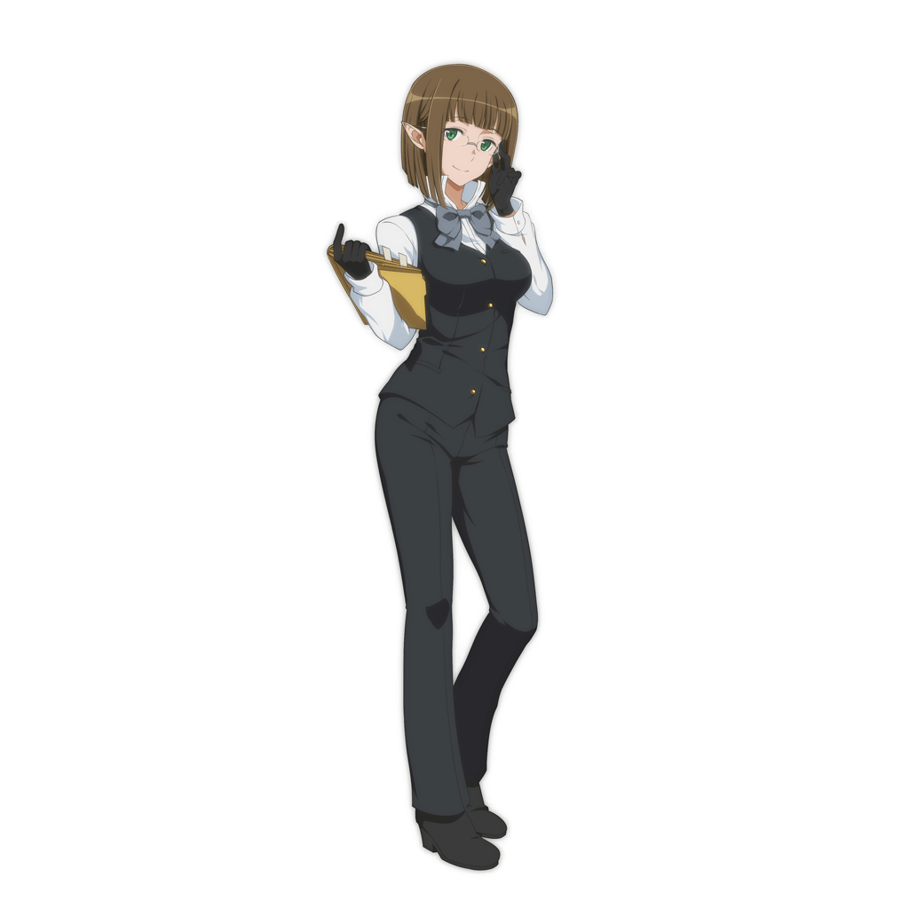 1girl :o black_gloves breasts brown_hair commentary_request cowboy_shot dungeon_ni_deai_wo_motomeru_no_wa_machigatteiru_darou_ka eina_tulle elf files formal glasses gloves green_eyes grey_background jpeg_artifacts large_breasts pant_suit pants pointing pointy_ears short_hair simple_background solo suit vest