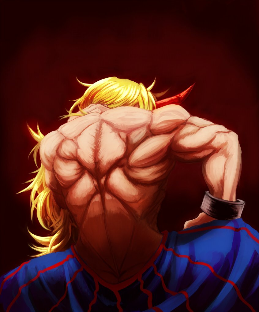 back blonde_hair blue_skirt colorized commentary_request cuffs from_behind hand_on_own_neck horn hoshiguma_yuugi koyubi_(littlefinger1988) long_hair looking_to_the_side muscle muscular_female oni shackles shiny shiny_hair sitting skirt solo topless touhou very_long_hair