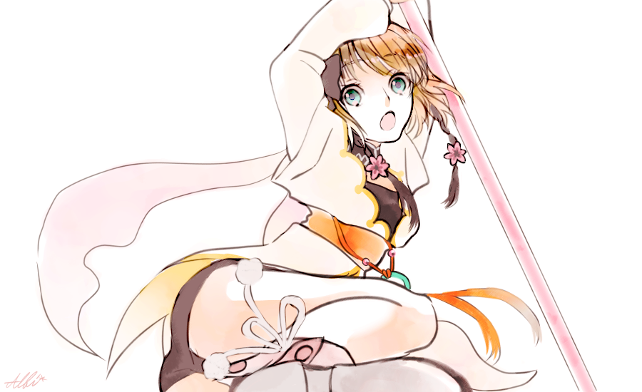 1girl blue_eyes breasts brown_hair choker hair_ornament jacket leia_rolando open_mouth ribbon shoes short_hair shorts staff tales_of_(series) tales_of_xillia weapon