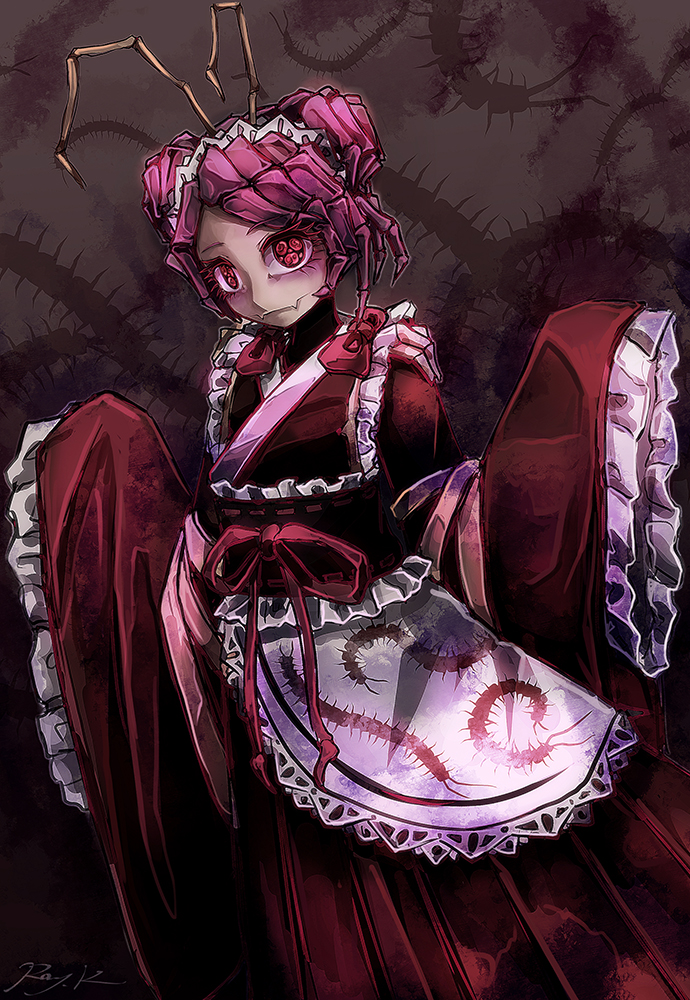 antennae apron artist_name bug centipede entoma_vasilissa_zeta flat_chest insect insect_girl long_sleeves looking_at_viewer monster_girl overlord_(maruyama) ray-k short_hair solo trypophobia wide_sleeves