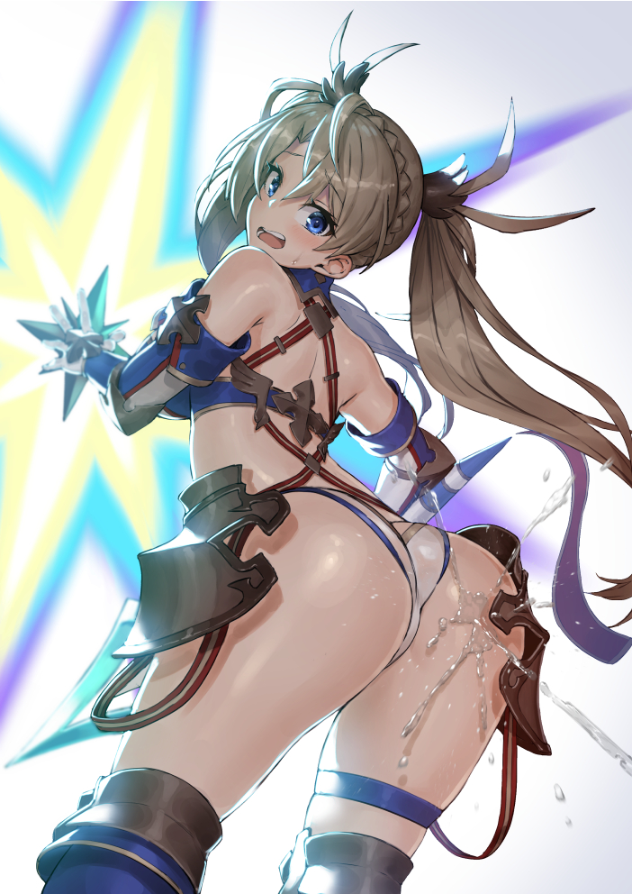 1girl ass back bangs bare_shoulders blue_bikini_bottom blue_eyes blush boots bradamante_(fate/grand_order) braid breasts brown_hair commentary_request elbow_gloves eyebrows_visible_through_hair fate/grand_order fate_(series) faulds french_braid gloves hair_between_eyes hair_ornament hips knee_boots large_breasts long_hair looking_at_viewer looking_back open_mouth pyz_(cath_x_tech) solo squirting standing thigh_strap thighs twintails very_long_hair weapon white_bikini_top