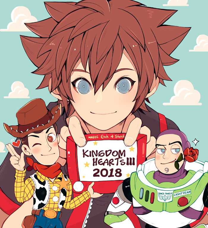 3boys blue_eyes brown_hair buzz_lightyear cowboy_hat dated disney flower hat heart kingdom_hearts kingdom_hearts_iii kvover_(applebloom) looking_at_viewer mouth_hold multiple_boys pixar rose scarf sheriff_woody smile sora_(kingdom_hearts) spacesuit sparkle toy_story