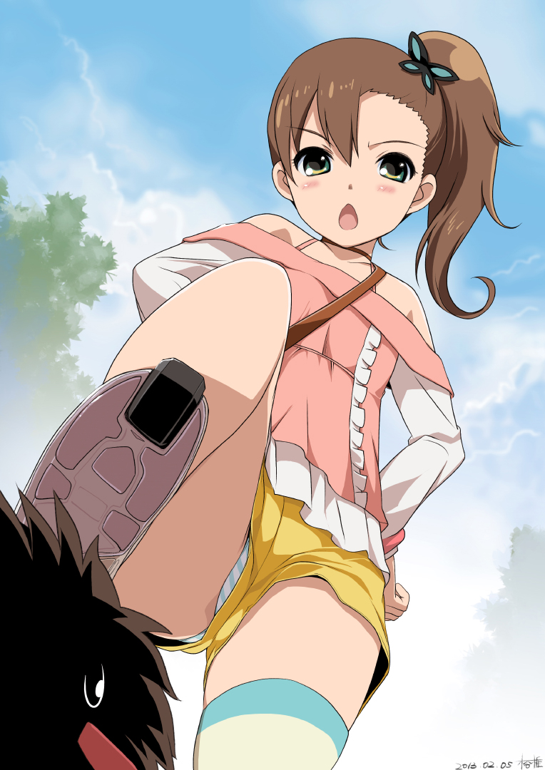 1girl :o angry bag bangs bare_shoulders black_hair blue_panties blush brown_hair butterfly_hair_ornament chestnut_mouth choker chousoku_henkei_gyrozetter cloud dated day feet flat_chest frilled_shirt frills from_below gradient gradient_background green_eyes hair_ornament handbag inaba_rinne inline_skates kiya_shii leg_lift long_hair long_sleeves looking_at_viewer off_shoulder open_mouth outdoors panties pantyshot pov_feet roller_shoes roller_skates shirt shoes short_shorts shorts side_ponytail signature single_thighhigh skates sky solo_focus striped striped_panties sweatdrop thighhighs tree underwear upshorts white_panties yellow_legwear