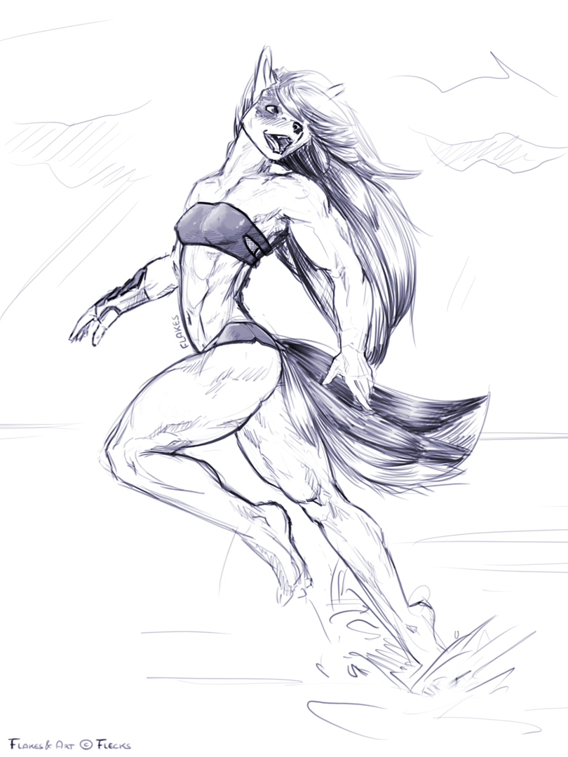 2017 abs anthro beach biceps bikini black_hair breasts canine clothing cute female flakes flecks fur hair long_hair mammal muscular muscular_female open_mouth outside quads seaside simple_background small_breasts smile solo swimsuit wolf