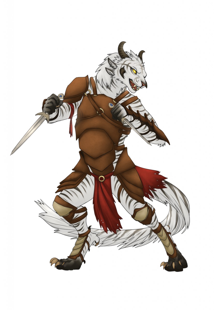anthro armor charr claws dagger dagos fangs feline female fighting_stance flat_chested fur guild_wars hi_res horn leather leather_armor mammal mane melee_weapon multi_ear simple_background solo video_games weapon white_fur yellow_eyes