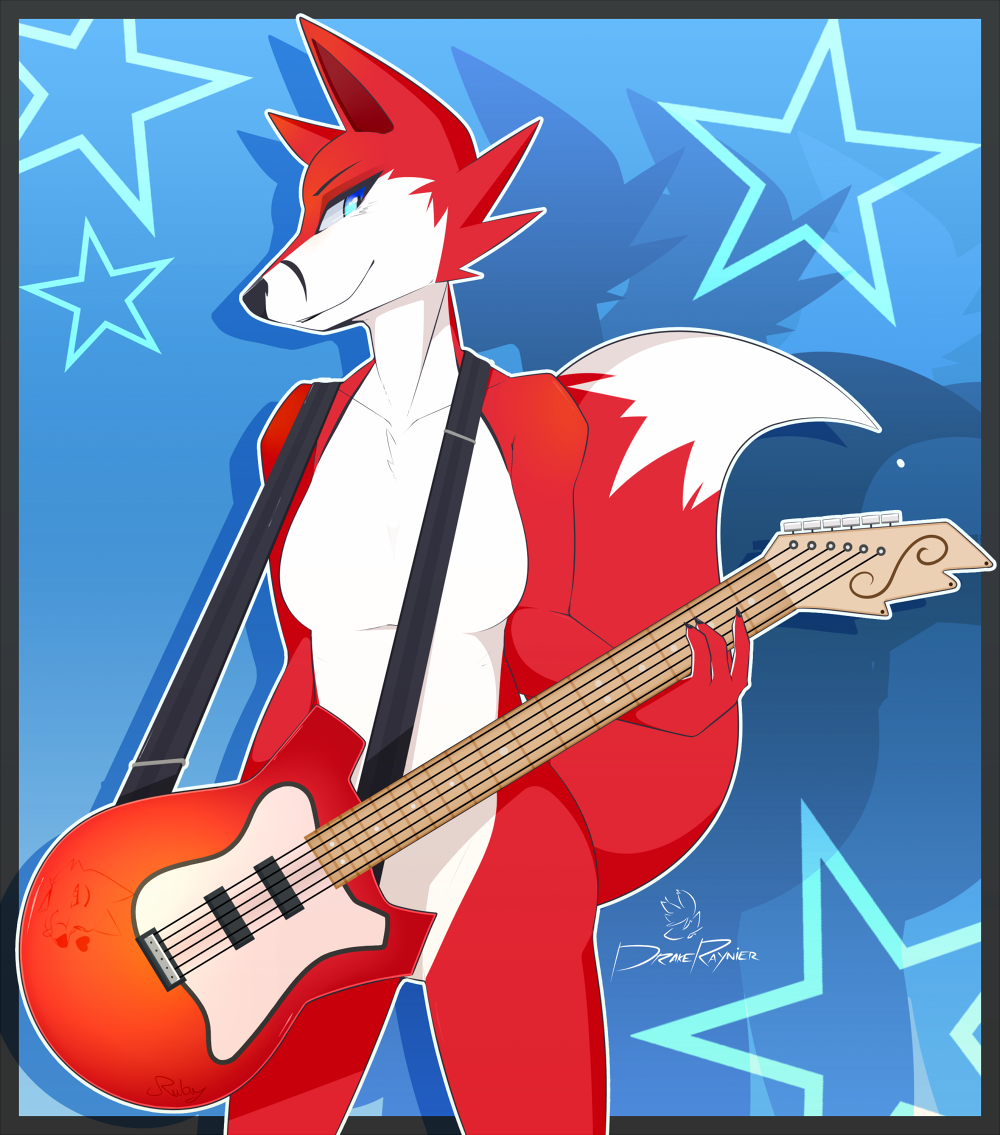 anthro canine drakeraynier female fox guitar mammal musical_instrument smile