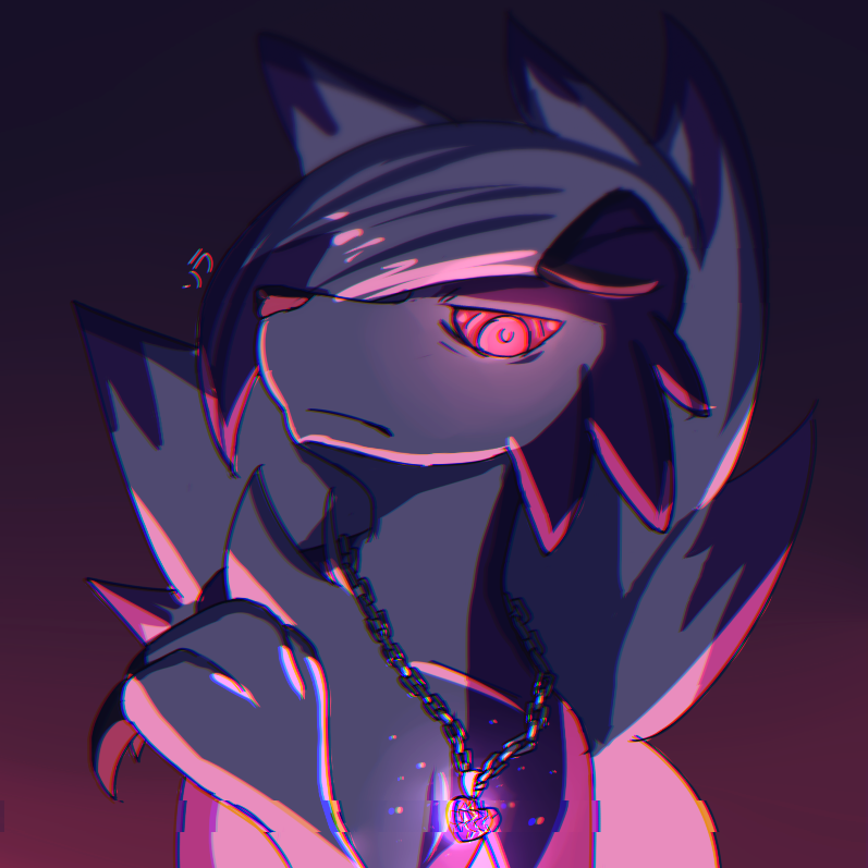 ambiguous_gender anthro bust_portrait cel_shading chromatic_aberration claws glitch glowing glowing_eyes gradient_background jewelry long_claws looking_at_viewer lycanroc midnight_lycanroc necklace nintendo pok&eacute;mon portrait restricted_palette simple_background solo soraa video_games