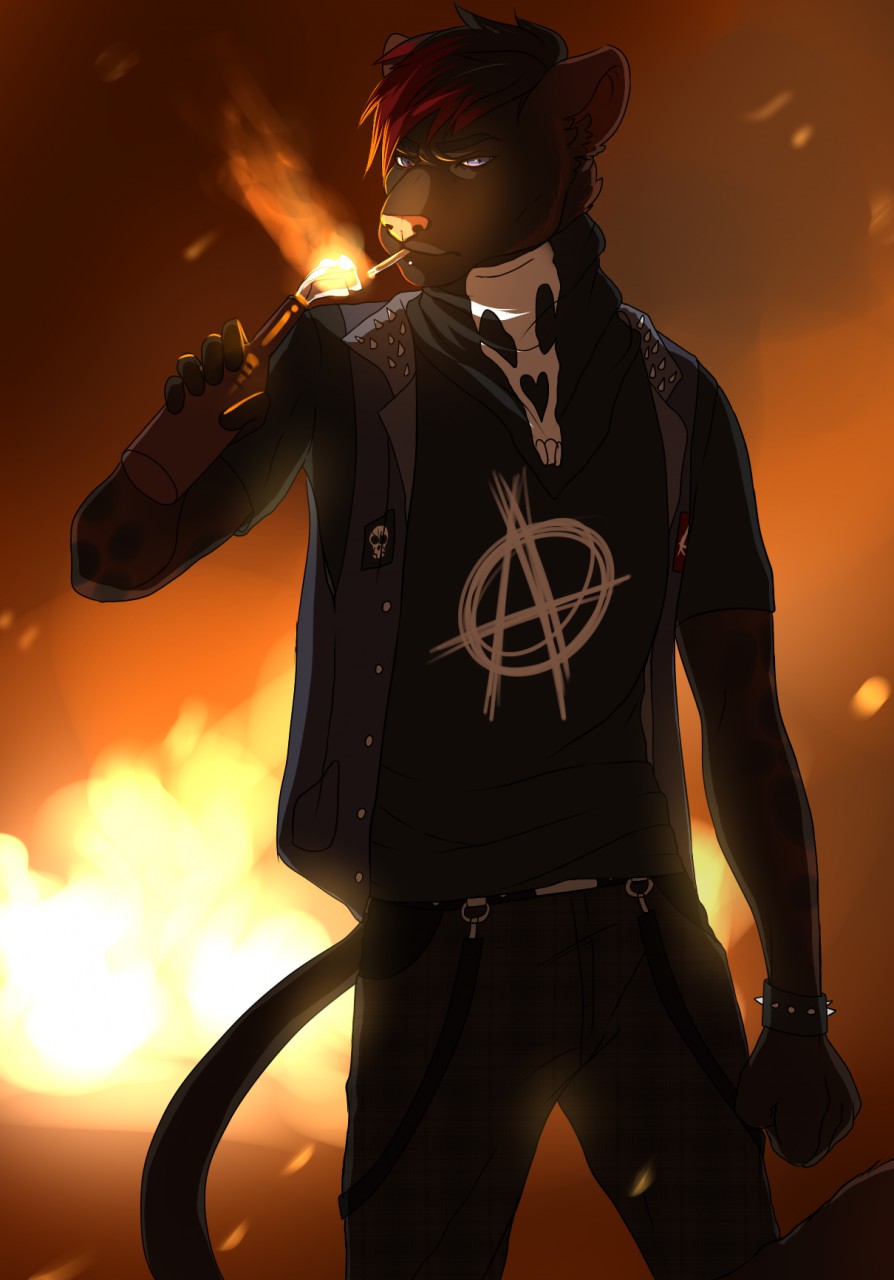 anarchist anthro athiesh bandanna dzou feline fire jaguar mammal molotov_cocktail smoke smoking