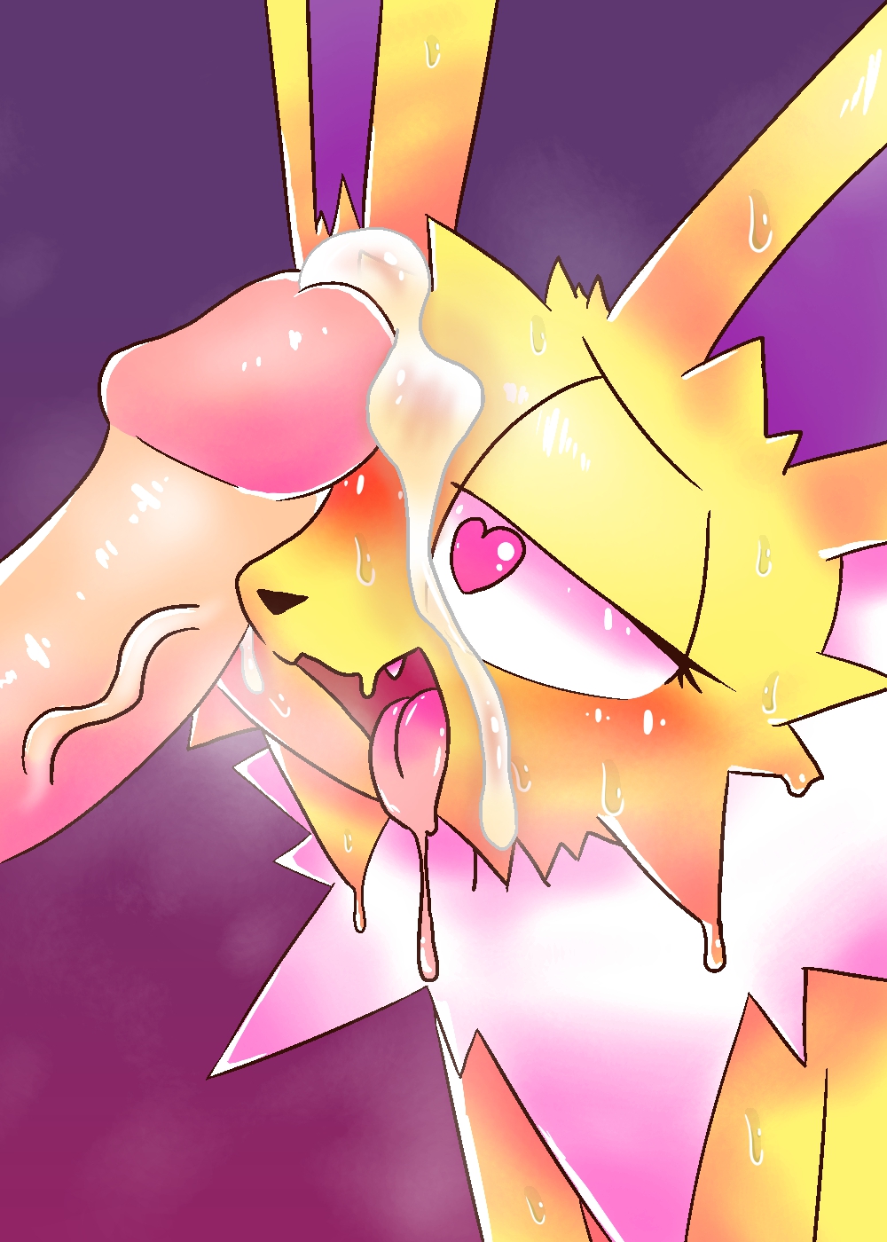 &lt;3 &lt;3_eyes 2017 aliasing ambiguous_gender blush canine cum cum_on_face digital_media_(artwork) duo eeveelution ejaculation female fur gradient_background hi_res humanoid_penis jolteon male male/female mammal nintendo open_mouth orgasm penis penis_on_face pok&eacute;mon rime_the_vixen sex simple_background smaller_version_at_source smile solo_focus tongue tongue_out video_games yellow_fur