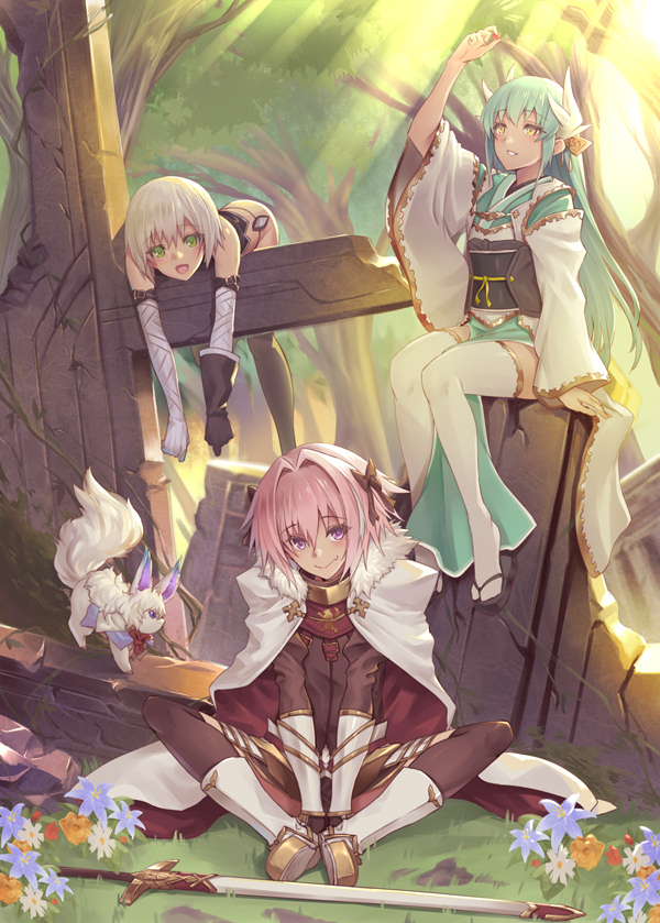 1boy 2girls :d astolfo_(fate) bandage bandaged_arm bandages black_gloves black_legwear cape commentary_request fate/apocrypha fate/grand_order fate_(series) flower forest fou_(fate/grand_order) gloves grass green_eyes green_hair horns indian_style jack_the_ripper_(fate/apocrypha) japanese_clothes kiyohime_(fate/grand_order) long_hair looking_at_viewer multiple_girls nature open_mouth oukawa_yuu outdoors pink_hair short_hair single_glove sitting smile sunlight sword thighhighs tree weapon white_cape white_hair white_legwear