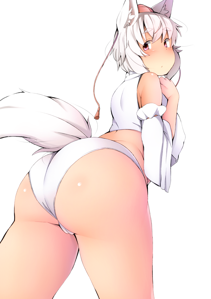 animal_ears ass bare_shoulders breasts eyebrows_visible_through_hair hat highres inubashiri_momiji large_breasts looking_at_viewer looking_back panties pink_eyes shishi_juuroku short_hair simple_background solo tail thick_eyebrows thick_thighs thighs tokin_hat touhou underwear white_background white_hair white_panties wolf_ears wolf_tail