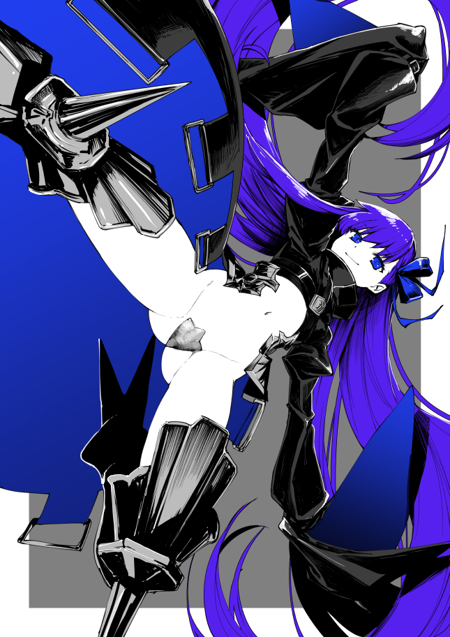 ass banned_artist blue_eyes blue_hair crotch_plate fate/extra fate/extra_ccc fate_(series) greaves long_hair looking_at_viewer meltlilith navel revealing_clothes s_tanly sleeves_past_wrists smile solo very_long_hair