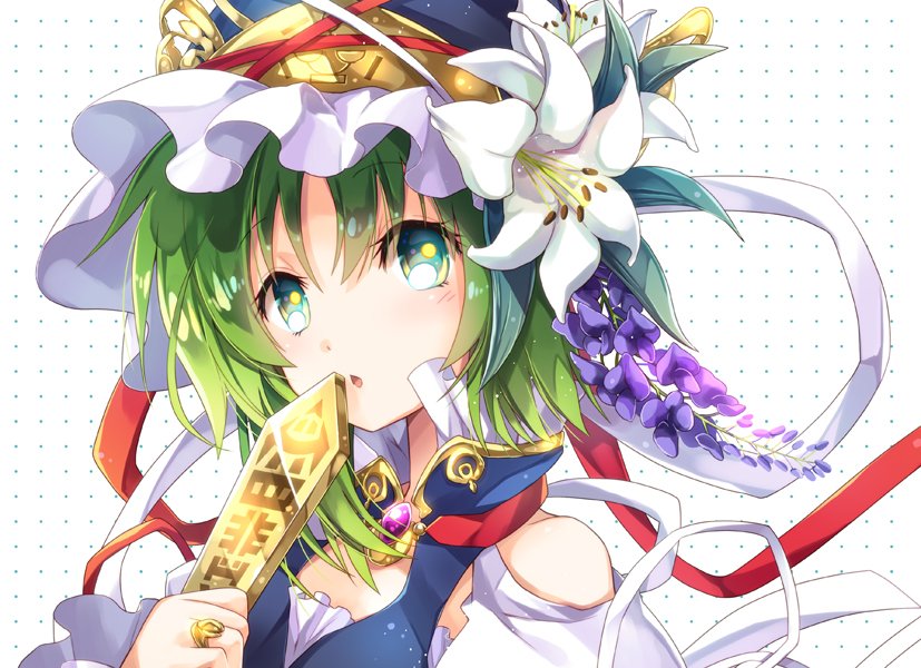 aqua_eyes bare_shoulders blue_hat blue_vest brooch eyebrows_visible_through_hair flower frilled_hat frills green_hair hat hat_flower hat_leaf hat_ribbon high_collar jewelry lily_(flower) looking_at_viewer open_mouth portrait red_ribbon ribbon ring rod_of_remorse shiki_eiki short_hair shoulder_cutout solo touhou vest white_background white_flower white_ribbon yamadori_ofuu