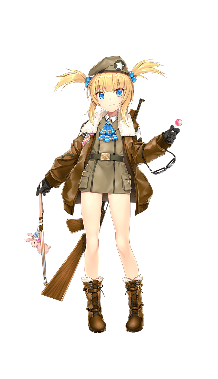 aviator_cap black_gloves blonde_hair bomber_jacket boots candy candy_crockus food formation_girls full_body gloves goggles goggles_around_arm gun highres jacket kagachi_saku lollipop looking_at_viewer military military_jacket military_uniform rifle solo transparent_background twintails uniform weapon
