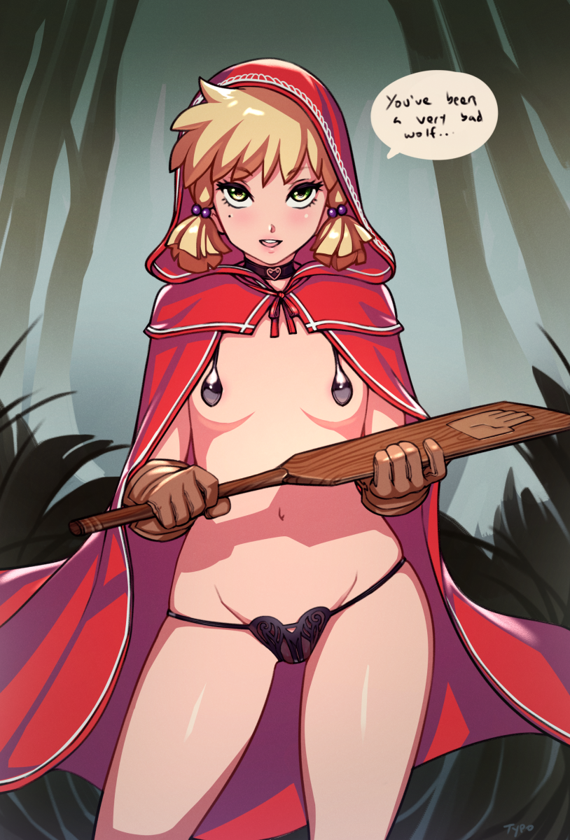 areolae bad_id bad_tumblr_id black_panties blonde_hair blush breasts brown_gloves choker cloak gloves green_eyes hair_bobbles hair_ornament highres hood hooded_cloak leather leather_gloves little_red_riding_hood little_red_riding_hood_(grimm) looking_at_viewer mole mole_under_eye navel open_mouth paddle panties short_hair small_breasts smile solo speech_bubble typo_(requiemdusk) underwear