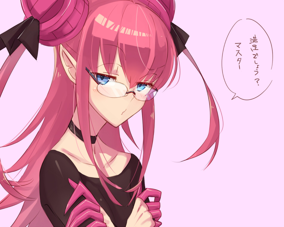 1girl artist_request black_choker black_shirt blue_eyes blush choker collarbone eyebrows_visible_through_hair fate/extra fate/extra_ccc fate_(series) glasses horns lancer_(fate/extra_ccc) long_hair looking_at_viewer pink_hair pointy_ears pursed_lips raised_eyebrow ribbon rimless_glasses shirt solo speech_bubble talking text translated