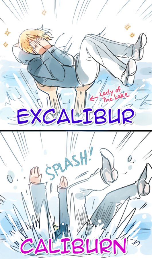 2boys 2koma blonde_hair caliburn carrying character_name comic covering_face directional_arrow english excalibur hands_on_own_face hood hoodie lady_of_the_lake lake male_focus multiple_boys original pants partially_submerged personification rosel-d short_hair sparkle splashing touken_ranbu white_pants