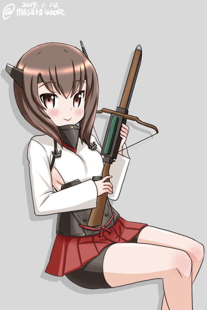 1girl :&gt; bike_shorts black_shorts bow_(weapon) brown_eyes brown_hair crossbow dated feet_out_of_frame grey_background hair_between_eyes headband headgear invisible_chair kantai_collection masara_(masalucky2010) muneate pleated_skirt red_skirt short_hair shorts shorts_under_skirt simple_background sitting skirt solo taihou_(kantai_collection) twitter_username weapon