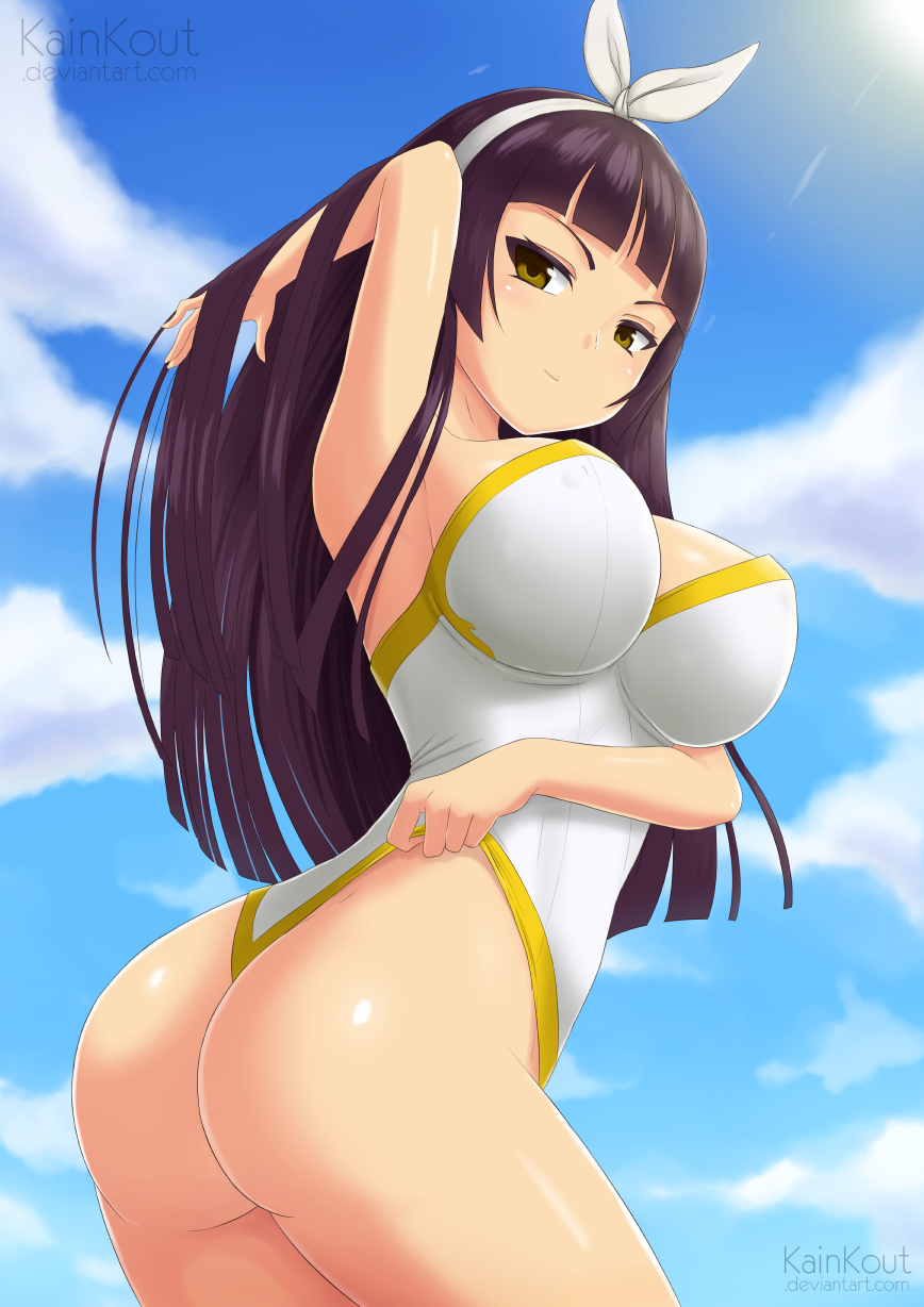 adjusting_clothes adjusting_hair adjusting_leotard arm_up artist_name ass bangs bare_shoulders black_hair blunt_bangs blush breasts closed_mouth cloud cloudy_sky colored_eyelashes covered_nipples cowboy_shot day fairy_tail from_side hair_ornament hair_ribbon hairband hand_in_hair highleg highleg_leotard highres hime_cut kagura_mikazuchi kainkout large_breasts leaning_forward leotard light_smile long_hair looking_at_viewer looking_back outdoors ribbon shiny shiny_skin sideboob signature sky smile solo standing straight_hair strapless strapless_leotard sun thighs thong_leotard twisted_torso watermark web_address white_hairband white_leotard white_ribbon yellow_eyes