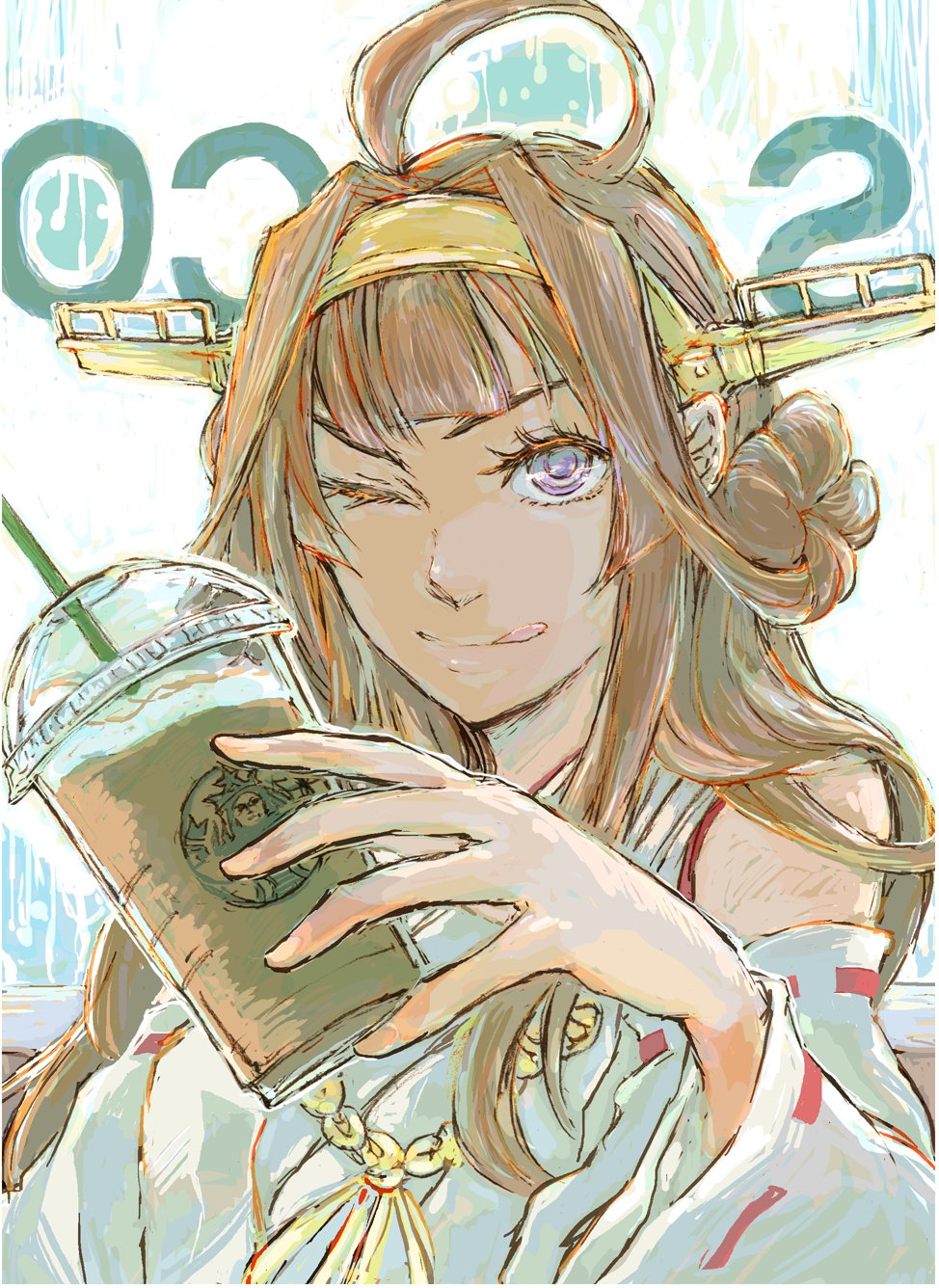 ahoge bare_shoulders brown_hair coffee commentary cup detached_sleeves disposable_cup double_bun drinking_straw frappuccino hairband headgear highres holding holding_cup japanese_clothes kantai_collection kongou_(kantai_collection) long_hair long_sleeves looking_at_viewer nontraditional_miko one_eye_closed print_cup purple_eyes ribbon-trimmed_sleeves ribbon_trim shaded_face solo starbucks tongue tongue_out upper_body wide_sleeves yamada_rei_(rou)