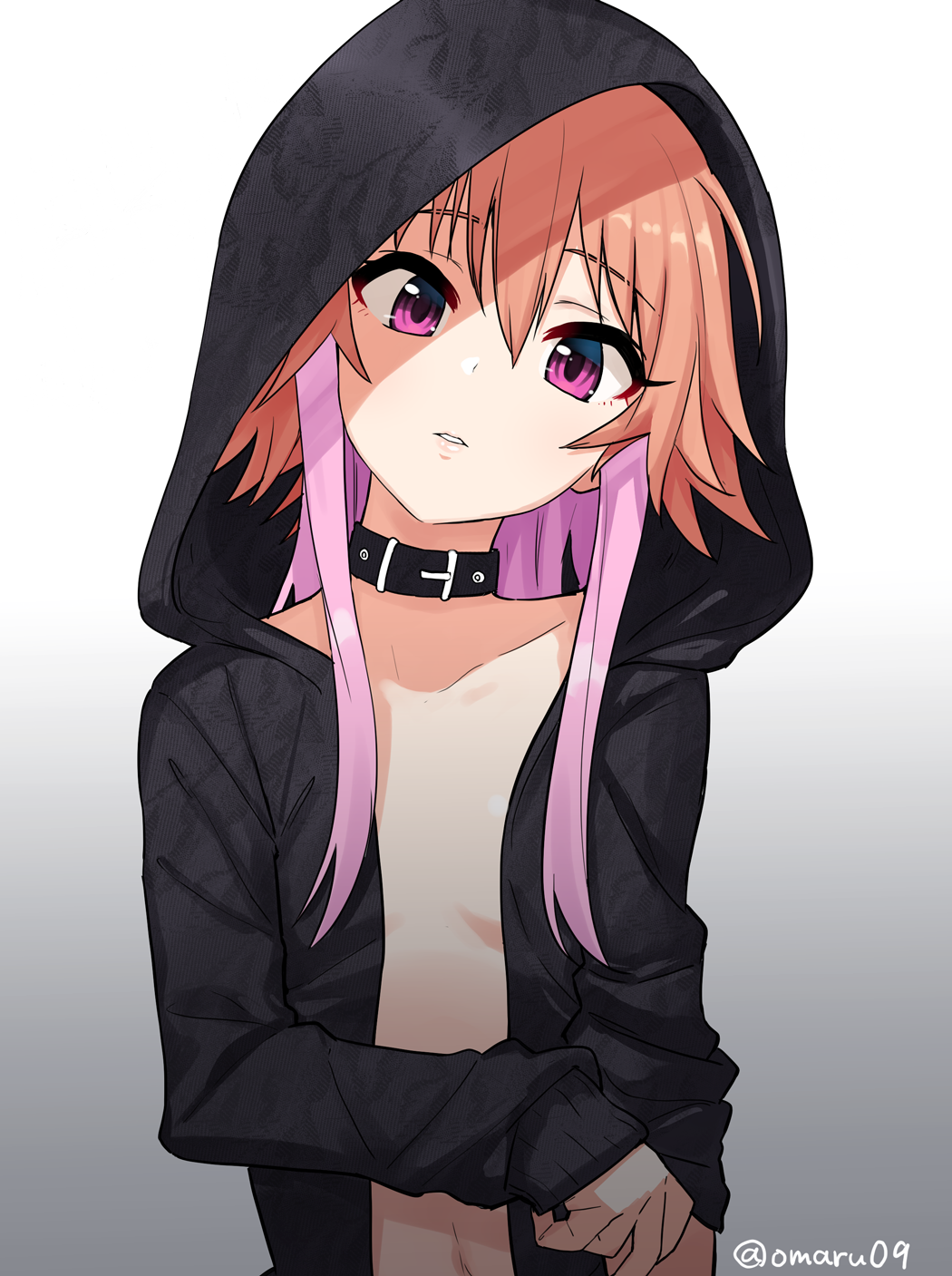 breasts collar collarbone gradient gradient_background grey_background highres hood hood_up hoodie idolmaster idolmaster_cinderella_girls long_hair looking_at_viewer multicolored_hair naked_hoodie navel ninomiya_asuka omaru_gyuunyuu orange_hair parted_lips pink_hair purple_eyes shadow sleeves_past_wrists small_breasts solo thumbnail_surprise twitter_username two-tone_hair