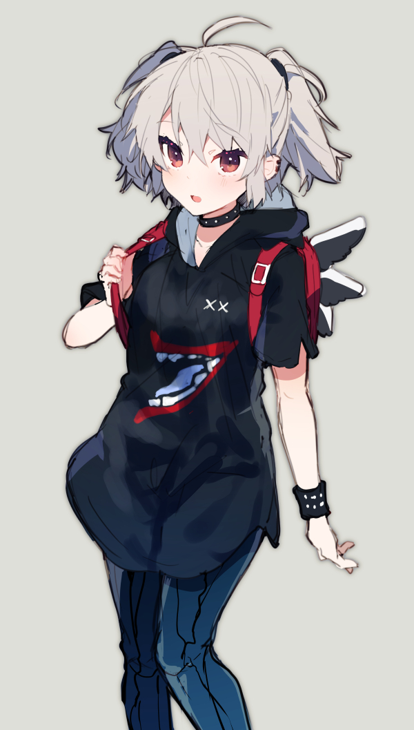 1girl ahoge angel_chromosome_xx backpack bag blue_hoodie blue_pants collar grey_background grey_hair hair_between_eyes hood hood_down ikeuchi_tanuma looking_at_viewer neon_genesis_evangelion pants parted_lips red_eyes short_sleeves simple_background solo standing studded_bracelet studded_collar tabris-xx two_side_up wristband