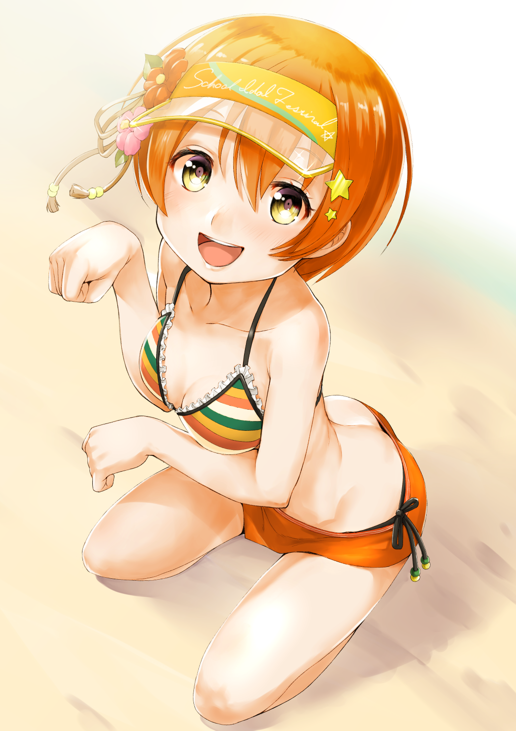 :d beach bikini breasts butt_crack cleavage copyright_name flower hair_flower hair_ornament highres hoshizora_rin lace lace-trimmed_bikini looking_at_viewer love_live! love_live!_school_idol_festival love_live!_school_idol_project mismatched_bikini multicolored_bikini_top open_mouth orange_bikini_bottom orange_hair paw_pose rin2008 short_hair side-tie_bikini sitting small_breasts smile solo star star_hair_ornament striped striped_bikini swimsuit visor_cap yellow_eyes