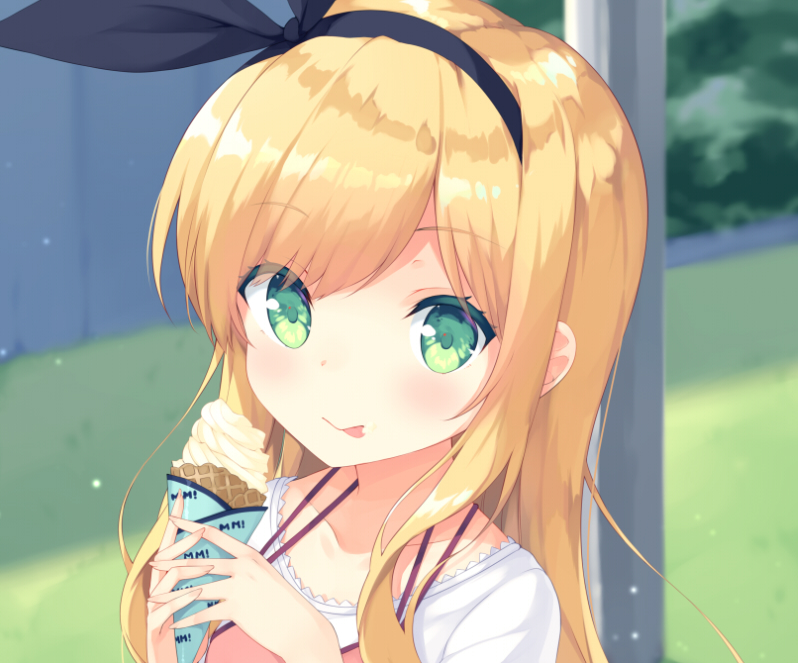 :&gt; blonde_hair commentary_request copyright_name day eyebrows_visible_through_hair fingernails food food_on_face green_eyes hair_ribbon hairband halterneck ice_cream ice_cream_cone ice_cream_on_face isurugi_mio licking_lips long_hair looking_at_viewer mimura_zaja mm! outdoors pole portrait ribbon shirt soft_serve solo tongue tongue_out white_shirt