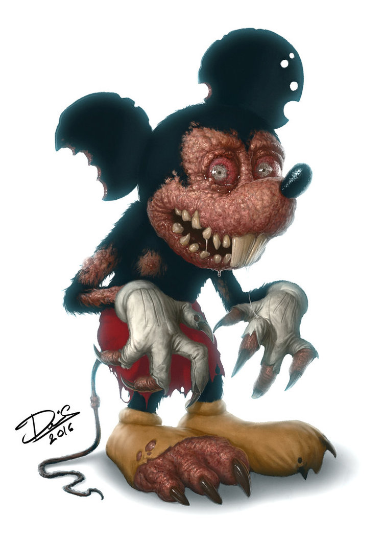 2016 3_toes 4_fingers anthro claws clothing dennis_carlsson digital_media_(artwork) disney fangs gloves looking_at_viewer male mammal mickey_mouse mouse nightmare_fuel nipples plantigrade rodent shorts signature simple_background solo standing teeth toe_claws toes torn_clothing white_background