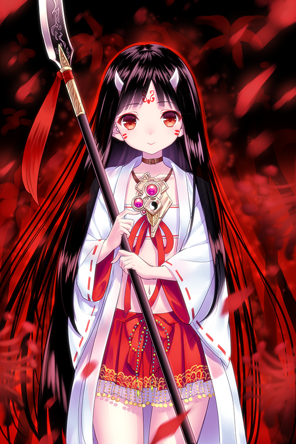 :&gt; bandeau black_hair bow chain_chronicle collar commentary_request cowboy_shot eyebrows_visible_through_hair facepaint hakama head_tilt holding holding_weapon horns japanese_clothes jewelry long_hair looking_at_viewer miko motion_blur naginata necklace oni oni_horns pendant petals polearm red_eyes red_hakama ribbon ribbon-trimmed_sleeves ribbon_trim siso smile solo standing very_long_hair weapon whisker_markings wide_sleeves yin_yang