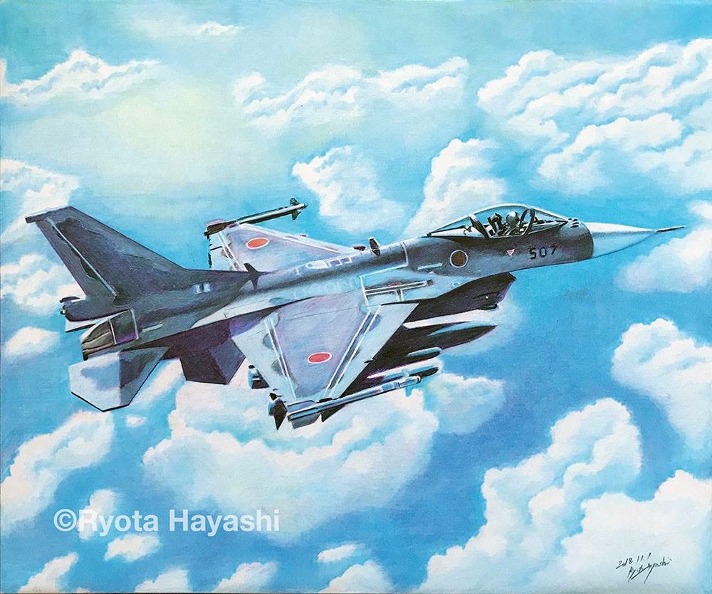 1other above_clouds aircraft airplane ambiguous_gender artist_name blue_sky cloud cloudy_sky cockpit commentary_request dated day f-2 fighter_jet hayashi_ryouta japan_air_self-defense_force japan_self-defense_force jet military military_vehicle missile outdoors pilot signature sky sunlight