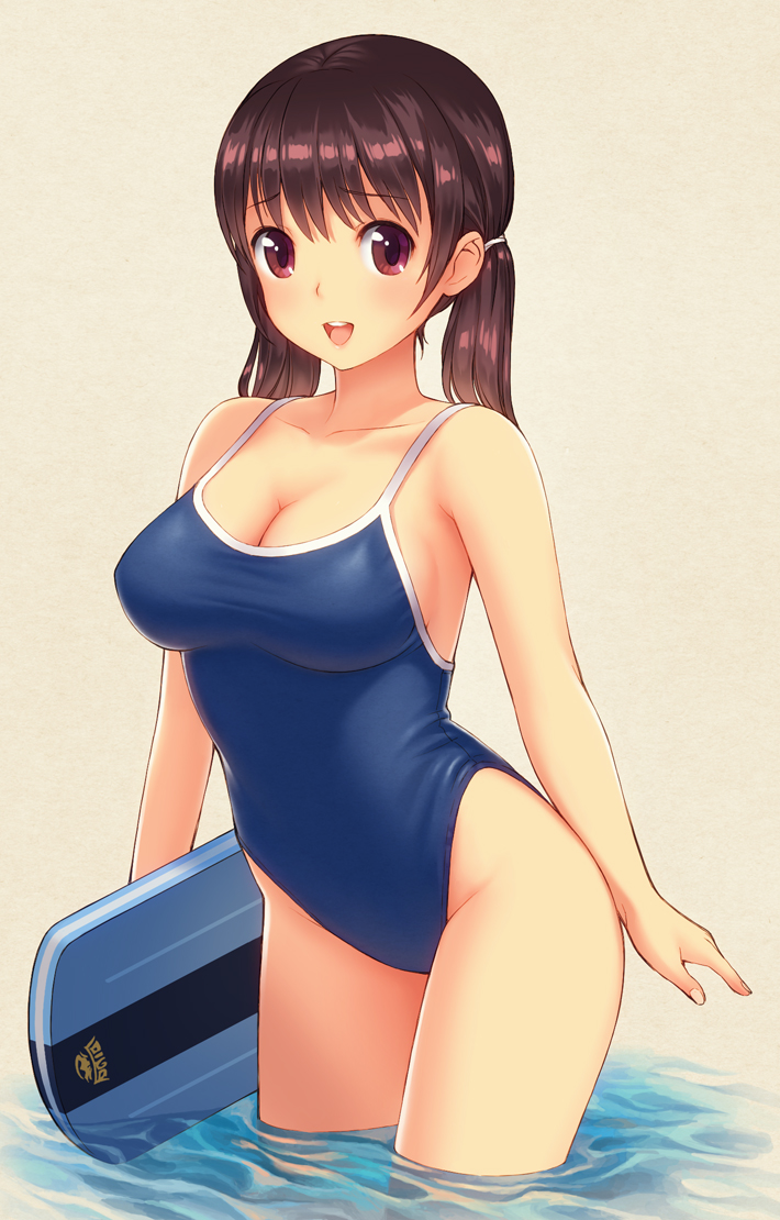 :d breasts brown_hair cleavage competition_school_swimsuit highleg highleg_swimsuit kickboard large_breasts long_hair looking_at_viewer low_twintails one-piece_swimsuit open_mouth original poripori red_eyes school_swimsuit smile solo standing swimsuit twintails wading water