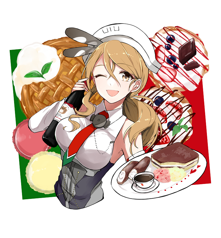 ;d blueberry bottle breasts brown_eyes brown_hair cake coffee cup food fruit holding holding_bottle italian_flag italy kantai_collection large_breasts littorio_(kantai_collection) long_hair morinaga_miki necktie one_eye_closed open_mouth ponytail red_neckwear shirt sleeveless sleeveless_shirt smile solo strawberry sweets teacup wavy_hair white_shirt wine_bottle