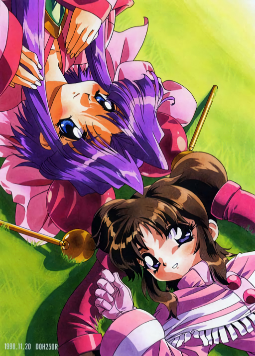 2girls 90s blue_eyes brown_hair cherry_(saber_j) cherry_(saber_r) crossover dated from_above furudori_yayoi gloves headdress long_hair long_sleeves looking_at_viewer lying multiple_girls official_art on_back on_ground parted_lips purple_hair saber_marionette_j saber_marionette_r smile twintails