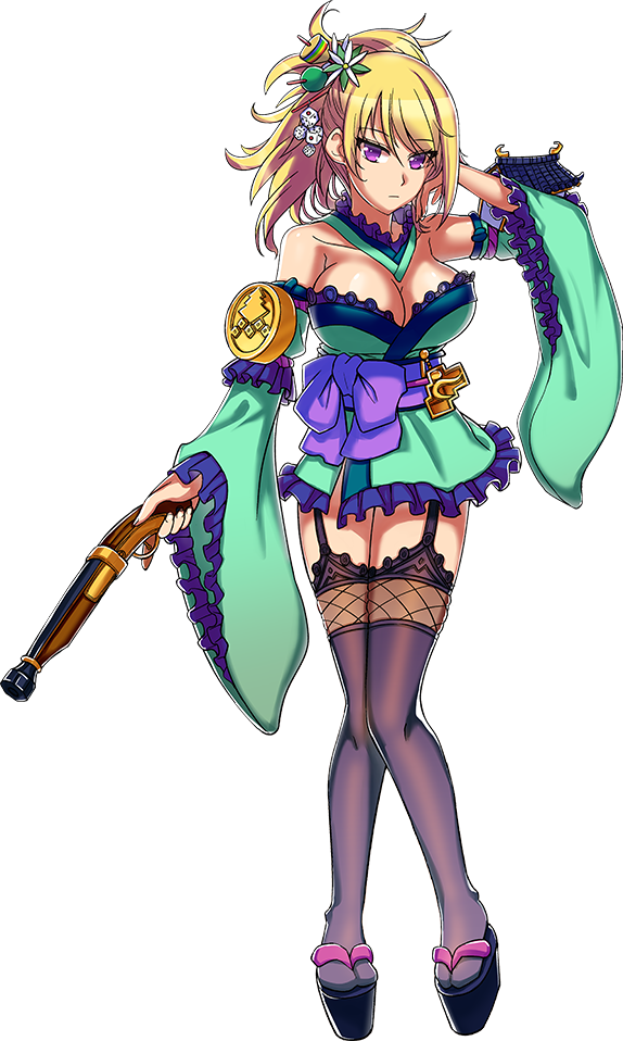 antique_firearm artist_request bare_shoulders blonde_hair breasts cleavage detached_collar detached_sleeves firearm flower full_body garter_straps geta gun hair_flower hair_ornament hand_in_hair holding holding_gun holding_weapon japanese_clothes kimono large_breasts obi official_art oshiro_project oshiro_project_re platform_footwear ponytail purple_eyes sash short_kimono shouzui_(oshiro_project) solo thigh_strap thighhighs transparent_background weapon yuujo