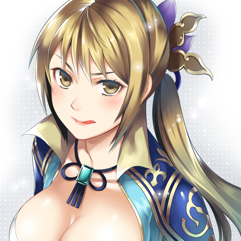 :q bangs blush breasts brown_eyes brown_hair cleavage collarbone commentary_request hair_ornament large_breasts licking_lips long_hair looking_at_viewer low_ponytail sakichi shin_sangoku_musou solo tongue tongue_out upper_body v-shaped_eyebrows wang_yuanji