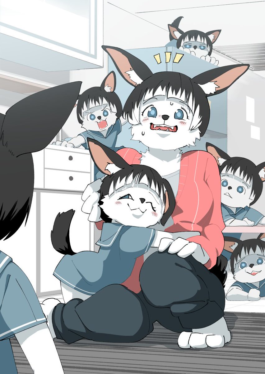 ambiguous_gender black_hair blue_shirt blush breasts canine cub digital_media_(artwork) dog female group hair hug kitchen male mammal mother mother_and_child multicolored_hair parent short_hair son surprise sweat theterm young