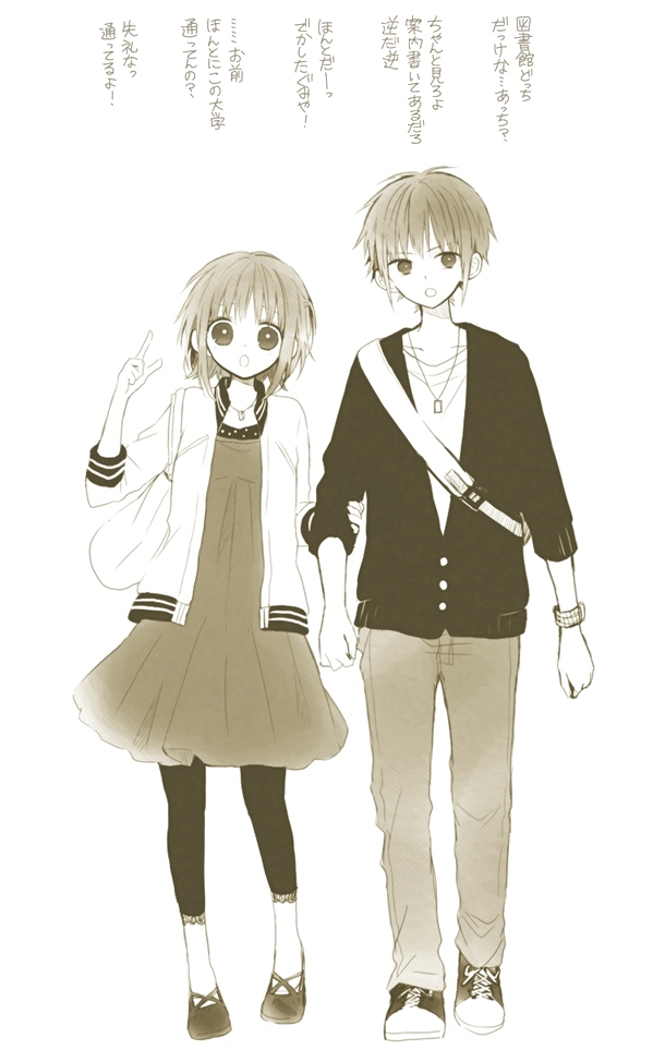 1boy 1girl :o anzu_(o6v6o) backpack bag brown casual dress dual_persona full_body genderswap genderswap_(ftm) gumi gumiya hand_holding hetero holding_arm jacket jewelry leggings pendant pointing selfcest sepia shoes short_hair_with_long_locks simple_background sneakers translation_request vocaloid walking watch white_background wristwatch