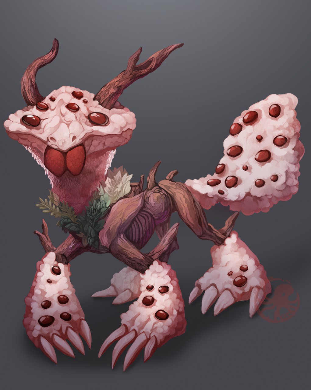 2015 ambiguous_gender bleeding_tooth_fungus branch brown_skin claws digital_media_(artwork) digital_painting_(artwork) dragon feral flora_fauna fluffy front_view full-length_portrait fungi_fauna fungus fur furred_dragon gre_background hi_res horn hybrid jaijai leaf mandibles monster multi_eye no_pupils nude plant portrait quadruped red_eyes red_skin red_spots simple_background solo spikes spots standing trypophobia watermark white_claws white_fur white_skin